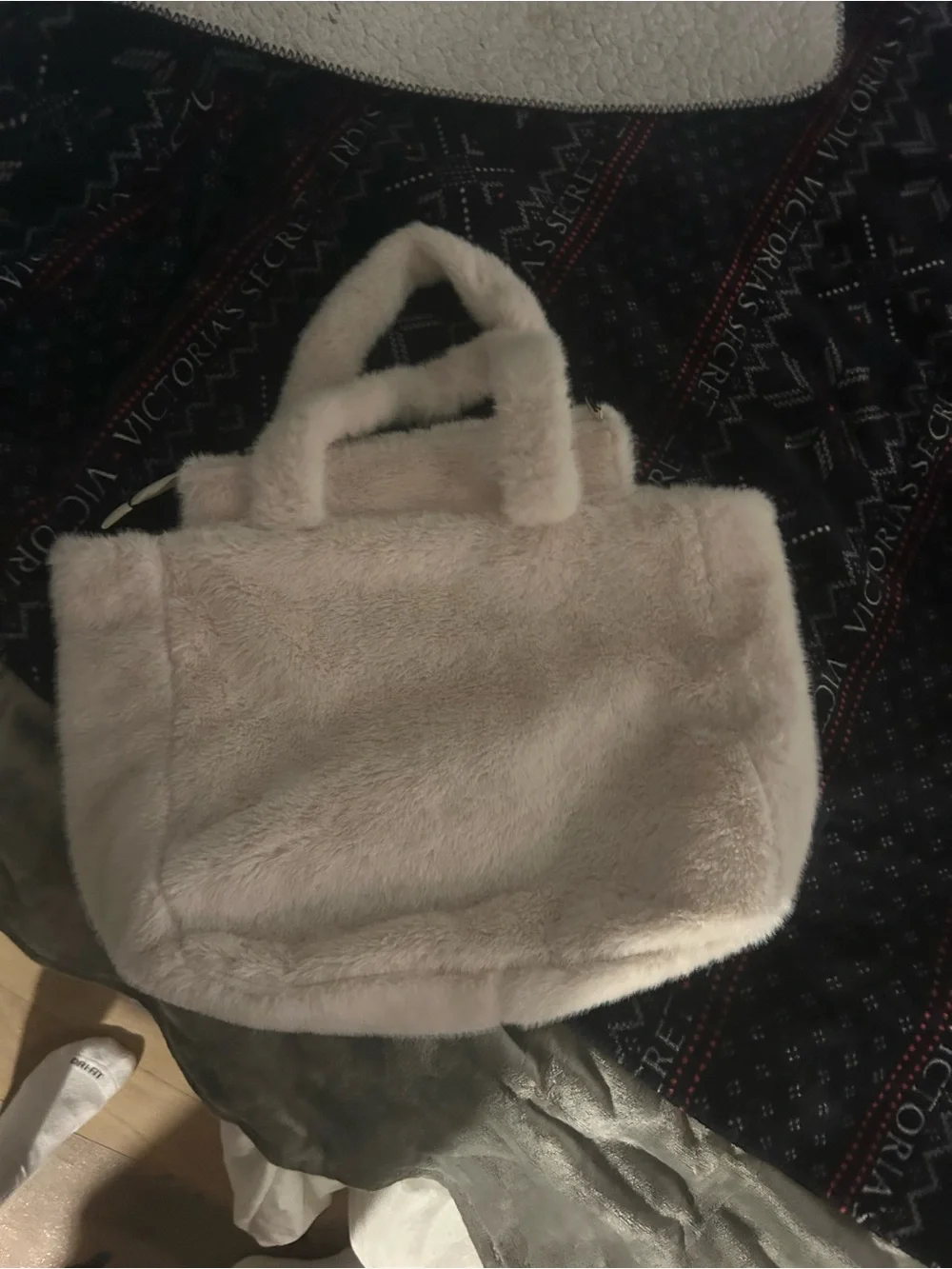 Victoria's Secret Off White Faux Fur Tote with Embossed VS Logo
